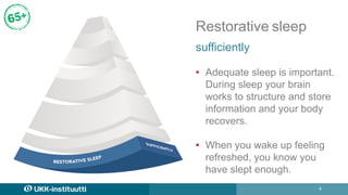 4
Restorative sleep
sufficiently
• Adequate sleep is important.
During sleep your brain
works to structure and store
infor...