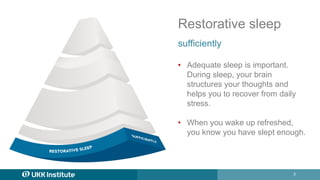 3
Restorative sleep
sufficiently
• Adequate sleep is important.
During sleep, your brain
structures your thoughts and
help...