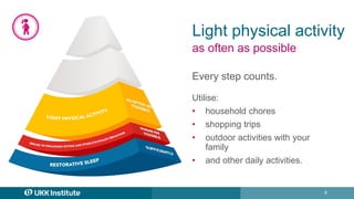 8
Light physical activity
as often as possible
Every step counts.
Utilise:
• household chores
• shopping trips
• outdoor a...