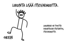 OIKEIN
Liikunta lisää itsevarmuutta.
Liikunnan on todettu
parantavan itsetuntoa,
itsevarmuutta.
 