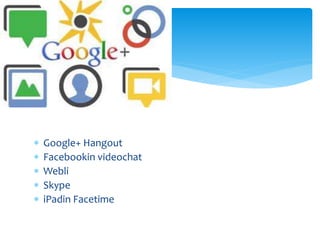  Google+ Hangout
 Facebookin videochat
 Webli
 Skype
 iPadin Facetime
 
