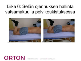 Liike 6: Selän ojennuksen hallinta
vatsamakuulla polvikoukistuksessa

lääkäriasema Ι sairaala Ι kuntoutus

 