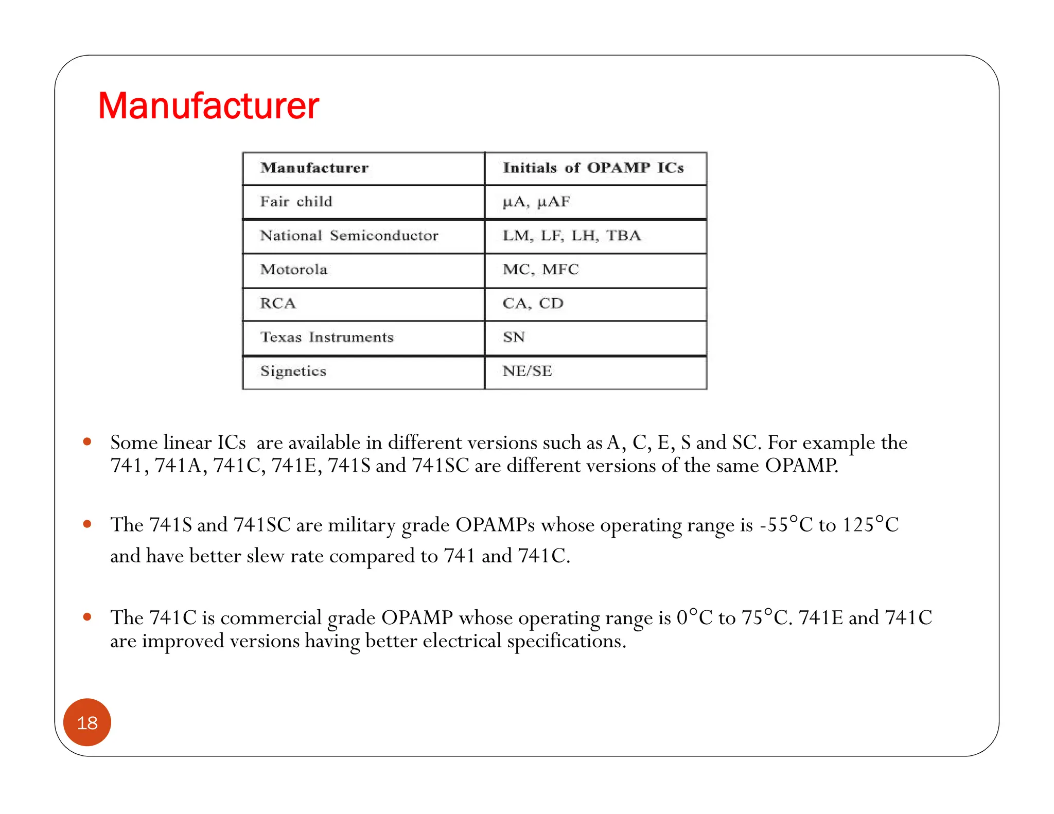 Manufacturer
18
 Some linear ICs are available in different versions such asA, C, E, S and SC. For example the
741, 741A, 741C, 741E, 741S and 741SC are different versions of the same OPAMP.
 The 741S and 741SC are military grade OPAMPs whose operating range is -55°C to 125°C
and have better slew rate compared to 741 and 741C.
 The 741C is commercial grade OPAMP whose operating range is 0°C to 75°C. 741E and 741C
are improved versions having better electrical specifications.
 