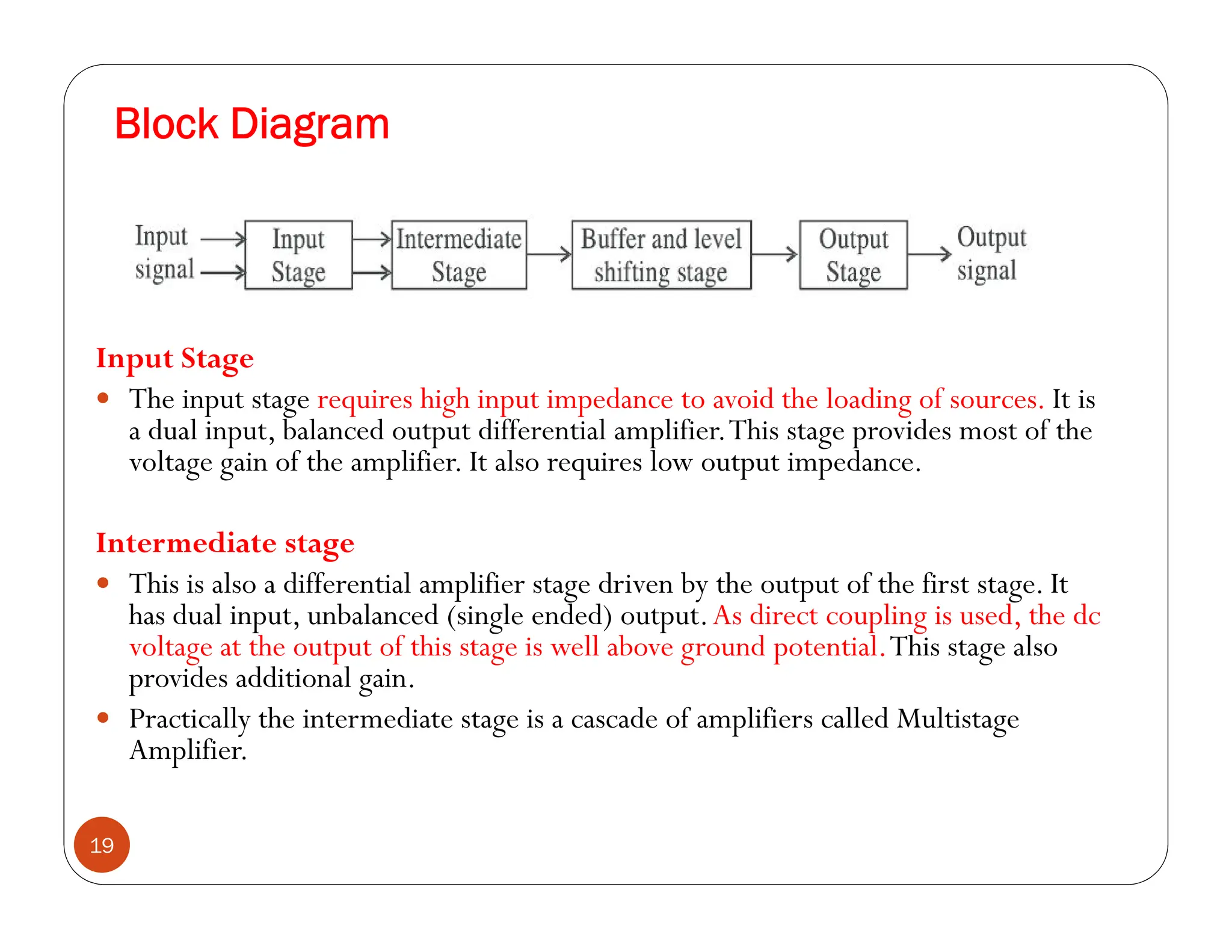 Block Diagram
19
Input Stage
 The input stage requires high input impedance to avoid the loading of sources. It is
a dual input, balanced output differential amplifier.This stage provides most of the
voltage gain of the amplifier. It also requires low output impedance.
Intermediate stage
 This is also a differential amplifier stage driven by the output of the first stage. It
has dual input, unbalanced (single ended) output.As direct coupling is used, the dc
voltage at the output of this stage is well above ground potential.This stage also
provides additional gain.
 Practically the intermediate stage is a cascade of amplifiers called Multistage
Amplifier.
 