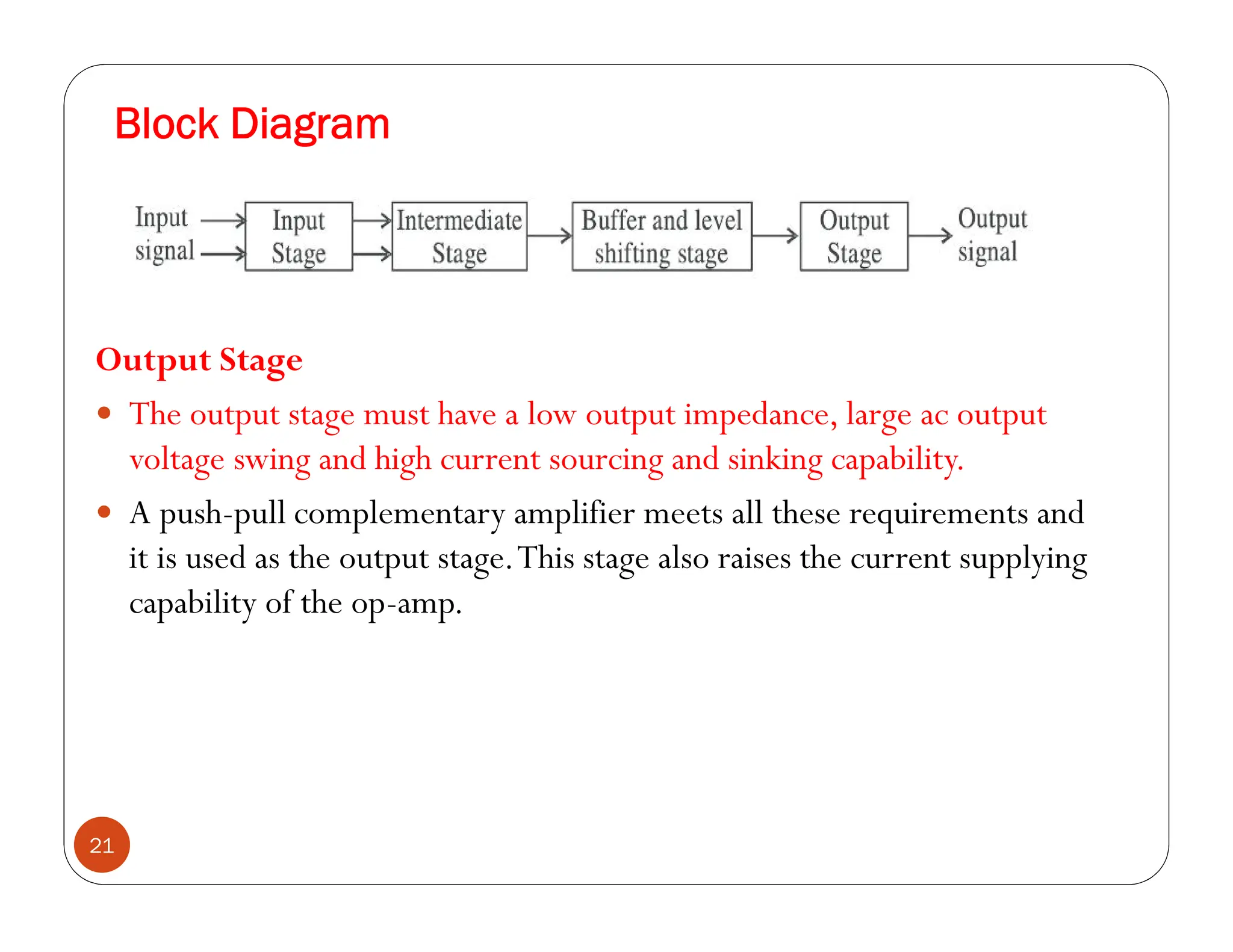 Block Diagram
21
Output Stage
 The output stage must have a low output impedance, large ac output
voltage swing and high current sourcing and sinking capability.
 A push-pull complementary amplifier meets all these requirements and
it is used as the output stage.This stage also raises the current supplying
capability of the op-amp.
 