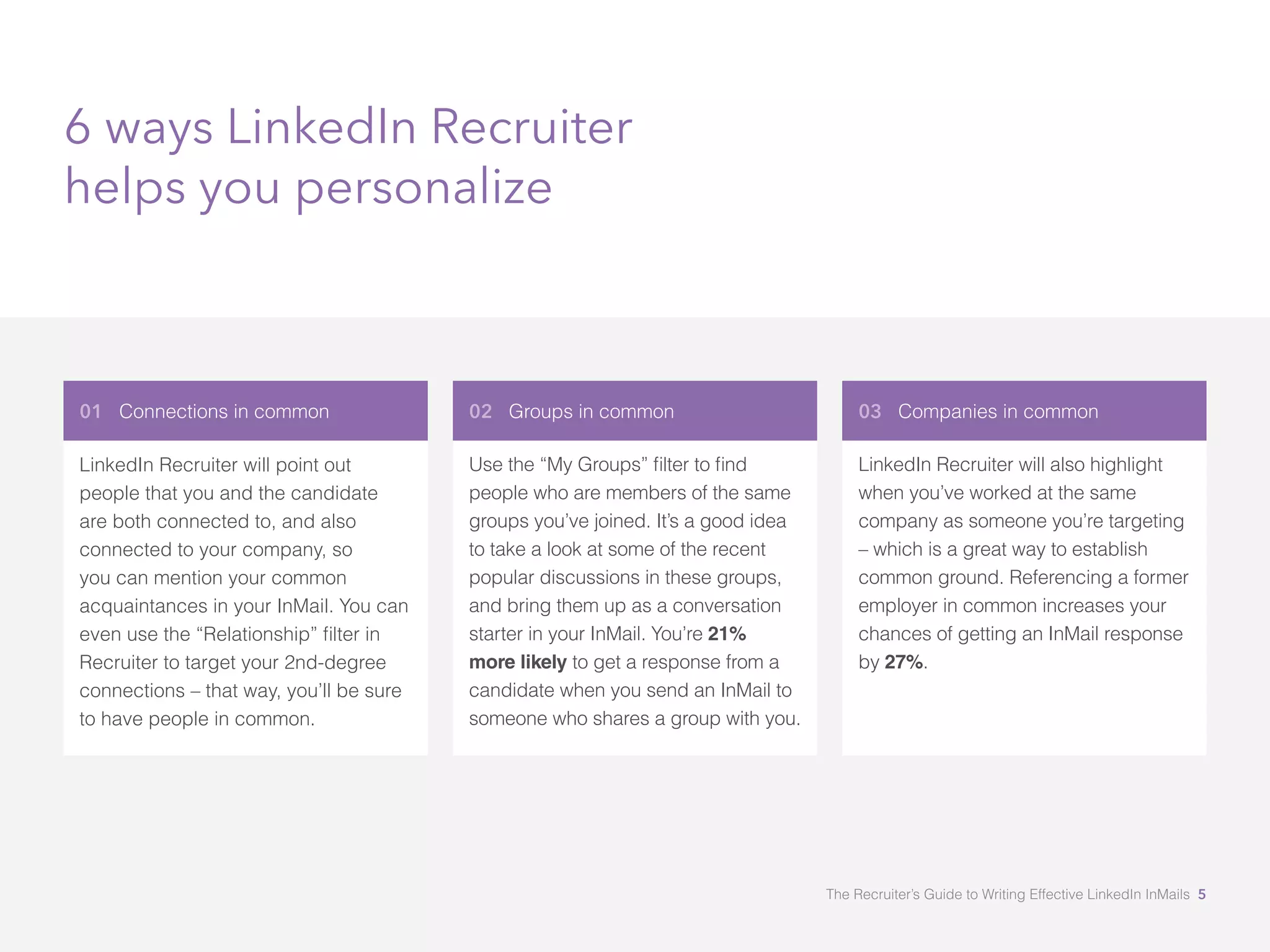 01 Connections in common
LinkedIn Recruiter will point out
people that you and the candidate
are both connected to, and also
connected to your company, so
you can mention your common
acquaintances in your InMail. You can
Recruiter to target your 2nd-degree
connections – that way, you’ll be sure
to have people in common.
02 Groups in common
people who are members of the same
groups you’ve joined. It’s a good idea
to take a look at some of the recent
popular discussions in these groups,
and bring them up as a conversation
starter in your InMail. You’re 21%
more likely to get a response from a
candidate when you send an InMail to
someone who shares a group with you.
03 Companies in common
LinkedIn Recruiter will also highlight
when you’ve worked at the same
company as someone you’re targeting
– which is a great way to establish
common ground. Referencing a former
employer in common increases your
chances of getting an InMail response
by 27%.
6 ways LinkedIn Recruiter
helps you personalize
The Recruiter’s Guide to Writing Effective LinkedIn InMails 5
 