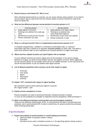 Linux Interview Essentials – Part I (OS concepts, System-calls, IPCs, Threads)
Emertxe Information Technologies
5. Shared memory is the fastest IPC. Why is it so?
After attaching shared memory to a process, we can access memory using a pointer. So no need to
use any system calls to read/write from the memory. Means no kernel involved for read/write,
hence its fastest IPC.
6. What are the difference between normal pointers & function pointers in C?
Function pointer Normal pointer
 Holds address of function
 Pointing to an address from code seg-
ment.
 Dereference to execute the Function
 Pointer arithmetic not valid
 Holds address of an object (data)
 Pointing to an address from
stack/heap/data segment
 Dereference to get value from address
 Pointer arithmetic is valid
7. What is a call back function? How it is implemented using function pointers in C?
In computer programming, a callback is a reference to executable code, or a piece of
executable code that is passed as an argument (Function pointer) to other code. This allows a
lower level software layer to call a subroutine (or function) defined in a higher-level layer.
8. Where and how callback functions are used? Explain with an example
In Linux callback functions are used in signals (one of the examples). If we want to change
behavior of a signal, we need to write handler function and register to kernel. While registering
we use function pointer for our handler which will act as callback function. In this case kernel will
use the function pointer to call our handler when signal receives.
9. List all default propositions that a process can do with respect to signal.
 Terminate
 Core dump
 Ignore
 Stop/pause
 Continue
10. Explain “kill” command with respect to signal handling
Kill command is used to send a particular signal to a process
Kill <signal number> <pid>
11. Explain process semaphores in Linux.
Process semaphore are used to synchronize between multiple processes in system.
In Linux we two standards are available to implement process semaphores. POSIX and System V
12. What is the difference between communication and synchronization problems?
These are two different classifications of IPC. In communication IPC data is transferring across
processes, but in synchronization IPC no data is transferring. Its using to synchronize processes
while accessing shared data.
6 Synchronization
1. Explain the problem of synchronization in a multi-tasking environment.
 Dead lock (Refer to question number 3 below)
 Starvation
Starvation occurs when a scheduler process (i.e. the operating system) refuses to give a
 