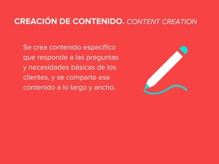 Se crea contenido específico
que responde a las preguntas
y necesidades básicas de los
clientes, y se comparte ese
contenido a lo largo y ancho.
CREACIÓN DE CONTENIDO. CONTENT CREATION
 