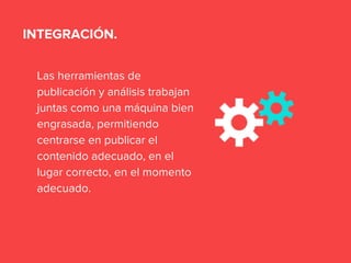 Las herramientas de
publicación y análisis trabajan
juntas como una máquina bien
engrasada, permitiendo
centrarse en publicar el
contenido adecuado, en el
lugar correcto, en el momento
adecuado.
INTEGRACIÓN.
 
