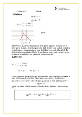 En este caso: f(2)=-4
EJEMPLO III
f(2)=0
Observemos que en los tres casos el límite por la izquierda coincide con el
límite por la derecha, sin embargo el valor de la función en el punto 2 es distinto
en cada caso; o incluso puede no estar definida en ese punto (Ejemplo I). Es
decir, a la hora de calcular el límite de una función en un punto no nos interesa
el valor de la función en ese punto sino en sus cercanías.
EJEMPLO IV
cuando el límite por la izquierda y por la derecha coincide se dice que existe el
límite de f(x) cuando x tiende a 2 y es igual a ese número. Escribiremos:
La condición necesaria y suficiente para que exista el límite de f(x) cuando x
tiende a x0 y éste valga L, es que existan los límites laterales y que coincidan
con L.
L)x(flím
xx

 0
 L)x(flím)x(flím
xxxx
 
 00






2xxi2x-
2xsi32
)(
x
xf
0)(
2


xflim
x
1)(
2


xflim
x
0)(
2


xflim
x
1)(
2


xflim
x






3xsi5
3xsi1
)(
x
x
xf
2)(lim2)(
3x3
 

xfxflim
x
2)(
3


xflim
x
 