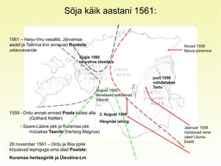 Sõja käik aastani 1561:
Jaanuar 1558
rüüstavad vene
väed Lõuna-
Eestit
Kevad 1558
Narva piiramine
juuli 1558
vallutatakse
Tartu
1559 - Ordu annab ennast Poola kaitse alla
(Gothard Kettler)
- Saare-Lääne pkk ja Kuramaa pkk
müüakse Taanile (hertsog Magnus)
2. August 1560
Härgmäe lahing
August 1560
venelased vallutavad
Viljandi
Sügis 1560
talurahva ülestõus
1561 – Harju-Viru vasallid, Järvamaa
aadel ja Tallinna linn annavad Rootsile
ustavusvande
28 november 1561 – Ordu ja Riia ppkk
kirjutavad lepinguga oma alad Poolale:
Kuramaa hertsogiriik ja Üleväina-Lm
 