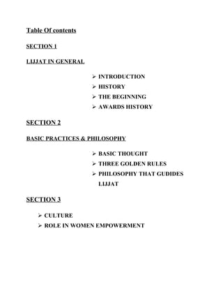 Table Of contents

SECTION 1

LIJJAT IN GENERAL

                     INTRODUCTION
                     HISTORY
                     THE BEGINNING
                     AWARDS HISTORY

SECTION 2

BASIC PRACTICES & PHILOSOPHY

                     BASIC THOUGHT
                     THREE GOLDEN RULES
                     PHILOSOPHY THAT GUDIDES
                     LIJJAT

SECTION 3

    CULTURE
    ROLE IN WOMEN EMPOWERMENT
 