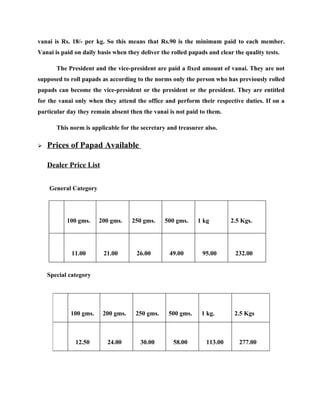 vanai is Rs. 18/- per kg. So this means that Rs.90 is the minimum paid to each member.
Vanai is paid on daily basis when they deliver the rolled papads and clear the quality tests.

       The President and the vice-president are paid a fixed amount of vanai. They are not
supposed to roll papads as according to the norms only the person who has previously rolled
papads can become the vice-president or the president or the president. They are entitled
for the vanai only when they attend the office and perform their respective duties. If on a
particular day they remain absent then the vanai is not paid to them.

       This norm is applicable for the secretary and treasurer also.

   Prices of Papad Available

    Dealer Price List


    General Category




           100 gms.    200 gms.     250 gms.    500 gms.     1 kg         2.5 Kgs.




             11.00       21.00        26.00       49.00        95.00        232.00


    Special category




            100 gms.     200 gms.    250 gms.     500 gms.     1 kg.       2.5 Kgs



              12.50       24.00        30.00        58.00       113.00       277.00
 