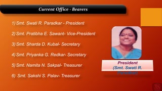 1)Smt. Swati R. Paradkar - President
2)Smt. Pratibha E. Sawant- Vice-President
3)Smt. Sharda D. Kubal- Secretary
4)Smt. Priyanka G. Redkar- Secretary
5)Smt. Namita N. Sakpal- Treasurer
6) Smt. Sakshi S. Palav- Treasurer
Current Office - Bearers
 