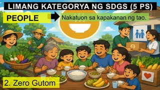 LIMANG KATEGORYA NG SDGS (5 PS)
2. Zero Gutom
Nakatuon sa kapakanan ng tao.
‍
‍PEOPLE
 