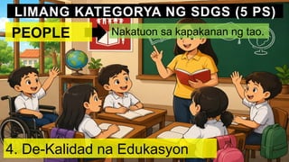 LIMANG KATEGORYA NG SDGS (5 PS)
4. De-Kalidad na Edukasyon
Nakatuon sa kapakanan ng tao.
‍
‍PEOPLE
 