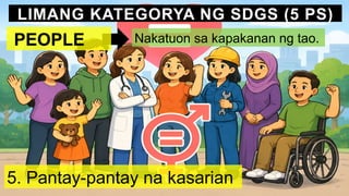 LIMANG KATEGORYA NG SDGS (5 PS)
Nakatuon sa kapakanan ng tao.
5. Pantay-pantay na kasarian
‍
‍PEOPLE
 