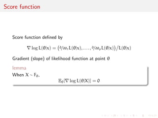 Concentration of likelihood mode around true parameter 
Likelihood functions for x1, . . . , xn  P(3) as n increases 
n = 40, ..., 240 
 