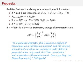 ned by 
rlog L(jx) = 
 
@=@1L(jx), . . . , @=@pL(jx) 
 
L(jx) 
Gradient (slope) of likelihood function at point  
lemma 
When X  F, 
E[rlog L(jX)] = 0 
Reason: 
Z 
X 
rlog L(jx) dF(x) = 
Z 
X 
rL(jx) dx = r 
Z 
X 
dF(x) 
 