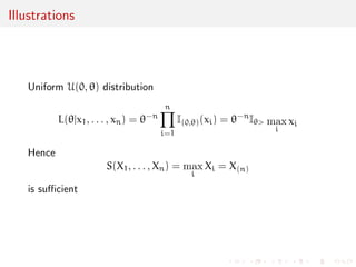 Fisher's information matrix 
Another notion attributed to Fisher [more likely due to Edgeworth] 
Information: covariance matrix of the score vector 
I() = E 
h 
rlog f(Xj) frlog f(Xj)gT 
i 
Often called Fisher information 
Measures curvature of the likelihood surface, which translates as 
information brought by the data 
Sometimes denoted IX to stress dependence on distribution of X 
 