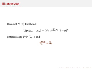 Illustrations 
Normal N(, 2) distribution 
L(, jx1, . . . , xn) = 
Yn 
i=1 
1 
p 
2 
expf-(xi-)2=22g 
= 
1 
f22gn=2 
exp 
 
- 
1 
22 
Xn 
i=1 
(xi - xn + xn - )2 
 
= 
1 
f22gn=2 
exp 
 
- 
1 
22 
Xn 
i=1 
(xi - xn)2 - 
1 
22 
Xn 
i=1 
(xn - )2 
 
Hence 
S(X1, . . . ,Xn) = 
  
Xn, 
Xn 
i=1 
(Xi - Xn)2 
! 
is sucient 
 