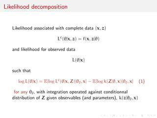 Unicity of maximum likelihood estimate 
Depending on regularity of L(jx1, . . . , xN), there may be 
1 an a.s. unique MLE ^MLE 
n 
2 
3 
1 Case of x1, . . . , xn  N(, 1) 
2 
3 
 