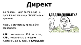 Директ
Во-первых – цикл сделки ещё не
прошёл (не все лиды обработали и
дожали).
Лезим в статистику продаж (по
старой базе)
ARPU по клиентам: 128 тыс. в год
ARPU по клиентам с первым
платежом до 20 тыс: 79 200 рублей
 
