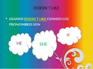 DOESN´T LIKE 
• USAMOS DOESN´T LIKE CUANDO LOS 
PRONOMBRES SON 
HE SHE 
IT 
 