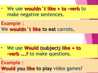 • We use wouldn´t like + to -verbwouldn´t like + to -verb to
make negative sentences.
• We use WouldWould (subject)(subject) like + tolike + to
-verb ...?-verb ...? to make questions.
Example :
We wouldn´t likewouldn´t like to eatto eat carrots..
Example :
WouldWould youyou likelike to playto play video games?
 