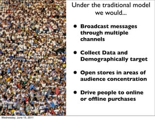 Under the traditional model
                                  we would...

                           • Broadcast messages
                             through multiple
                             channels

                           • Collect Data and
                             Demographically target

                           • Open stores in areas of
                             audience concentration

                           • Drive people to online
                             or ofﬂine purchases


Wednesday, June 15, 2011
 