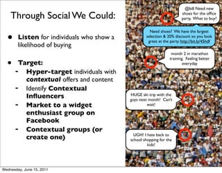 @bill Need new

    Through Social We Could:                                             shoes for the ofﬁce
                                                                         party. What to buy?


                                                      Need shoes? We have the largest
  •     Listen for individuals who show a           selection & 20% discount so you look
                                                     great at the party http://bit.ly/45hdf
        likelihood of buying
                                                                  month 2 in marathon
                                                                 training. Feeling better
  •    Target:                                                           everyday
      ➡  Hyper-target individuals with
         contextual offers and content
      ➡  Identify Contextual
         Inﬂuencers                         HUGE ski trip with the
                                            guys next month! Can’t
      ➡  Market to a widget                          wait!

         enthusiast group on
         Facebook
      ➡  Contextual groups (or
                                              UGH! I hate back to
         create one)                        school shopping for the
                                                     kids!




Wednesday, June 15, 2011
 