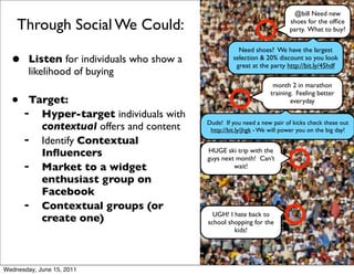 @bill Need new

    Through Social We Could:                                                shoes for the ofﬁce
                                                                            party. What to buy?


                                                        Need shoes? We have the largest
  •     Listen for individuals who show a             selection & 20% discount so you look
                                                       great at the party http://bit.ly/45hdf
        likelihood of buying
                                                                     month 2 in marathon
                                                                    training. Feeling better
  •    Target:                                                              everyday
      ➡  Hyper-target individuals with
                                            Dude! If you need a new pair of kicks check these out
         contextual offers and content       http://bit.ly/jhgk - We will power you on the big day!
      ➡  Identify Contextual
         Inﬂuencers                         HUGE ski trip with the
                                            guys next month! Can’t
      ➡  Market to a widget                          wait!

         enthusiast group on
         Facebook
      ➡  Contextual groups (or
                                              UGH! I hate back to
         create one)                        school shopping for the
                                                     kids!




Wednesday, June 15, 2011
 