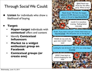 @bill Need new

    Through Social We Could:                                                shoes for the ofﬁce
                                                                            party. What to buy?


                                                        Need shoes? We have the largest
  •     Listen for individuals who show a             selection & 20% discount so you look
                                                       great at the party http://bit.ly/45hdf
        likelihood of buying
                                                                     month 2 in marathon
                                                                    training. Feeling better
  •    Target:                                                              everyday
      ➡  Hyper-target individuals with
                                            Dude! If you need a new pair of kicks check these out
         contextual offers and content       http://bit.ly/jhgk - We will power you on the big day!
      ➡  Identify Contextual
         Inﬂuencers                         HUGE ski trip with the
                                            guys next month! Can’t
      ➡  Market to a widget                          wait!

         enthusiast group on                Looking for new ski boots? 10% of for you today http://
         Facebook                                                 bit.ly/jhgk
      ➡  Contextual groups (or
                                               UGH! I hate back to
         create one)                         school shopping for the
                                                      kids!




Wednesday, June 15, 2011
 