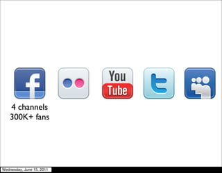 4 channels
    300K+ fans




Wednesday, June 15, 2011
 