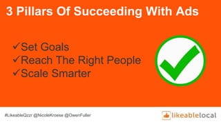 3 Pillars Of Succeeding With Ads
Set Goals
Reach The Right People
Scale Smarter
#LikeableQzzr @NicoleKroese @OwenFuller
 