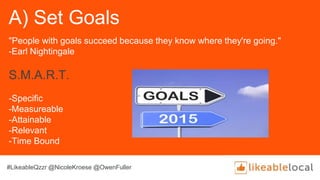 A) Set Goals
"People with goals succeed because they know where they're going."
-Earl Nightingale
S.M.A.R.T.
-Specific
-Measureable
-Attainable
-Relevant
-Time Bound
#LikeableQzzr @NicoleKroese @OwenFuller
 