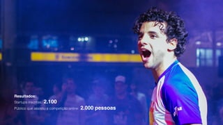 Resultados:
Startups inscritas: 2.100
Público que assistiu a competição online: 2.000 pessoas
 