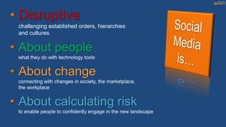 • Disruptive
 challenging established orders, hierarchies
 and cultures

• About people
 what they do with technology tools


• About change
 connecting with changes in society, the marketplace,
 the workplace


• About calculating risk
 to enable people to confidently engage in the new landscape
 