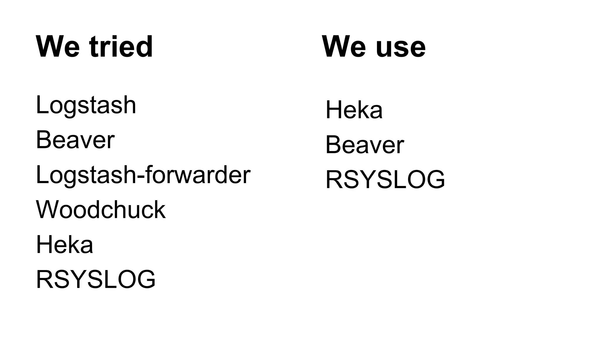 We tried We use
Logstash
Beaver
Logstash-forwarder
Woodchuck
Heka
RSYSLOG
Heka
Beaver
RSYSLOG
 