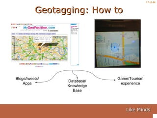 Geotagging: How to Blogs/tweets/ Apps Database/ Knowledge Base Game/Tourism experience 