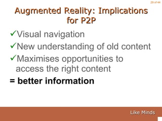 Augmented Reality: Implications for P2P Visual navigation New understanding of old content  Maximises opportunities to access the right content = better information 