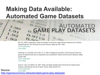 Making Data Available:
Automated Game Datasets
Source:
http://openeconomics.net/automated-game-play-datasets/
 