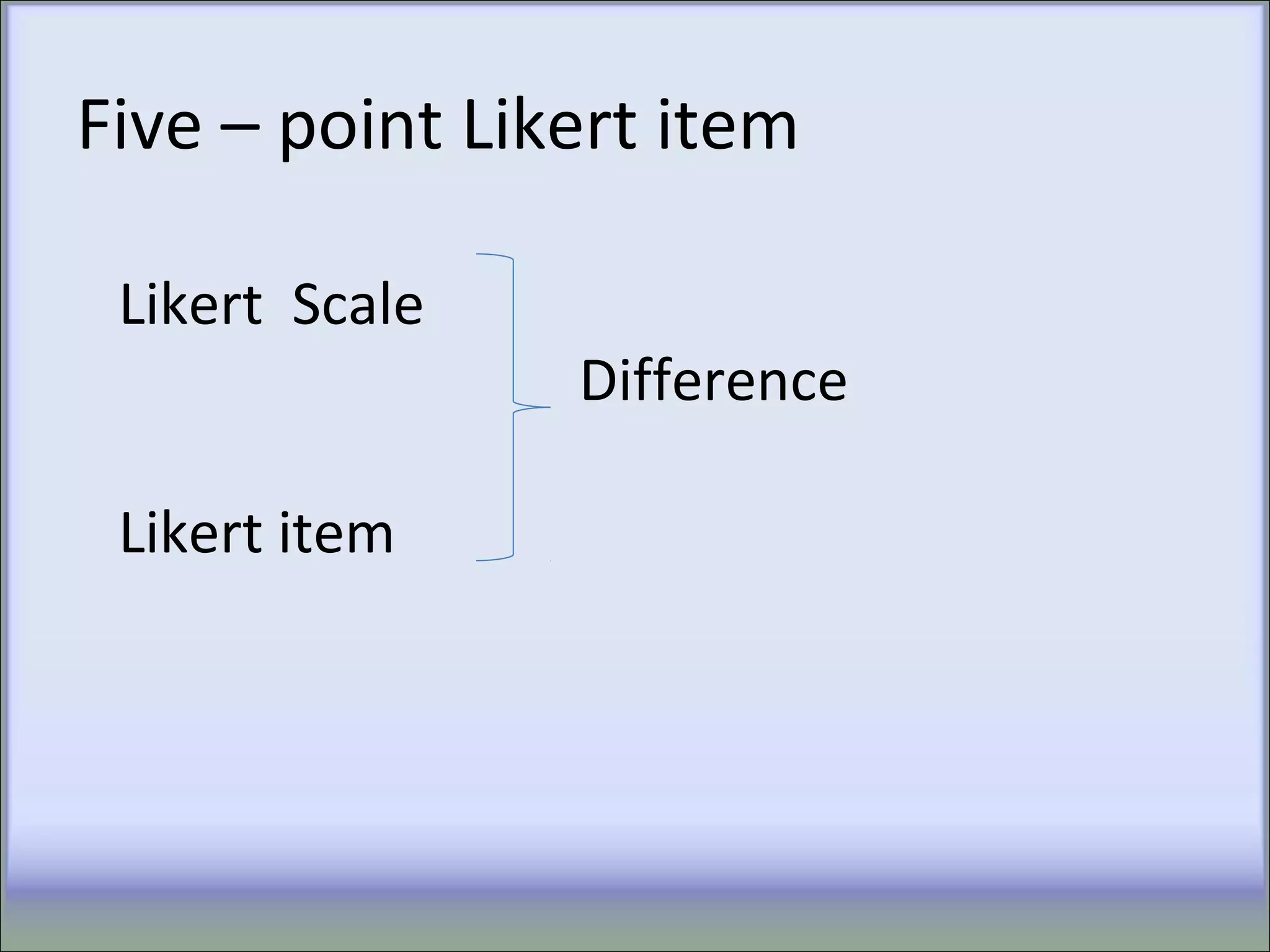 Five – point Likert item
Likert Scale
Difference
Likert item
 