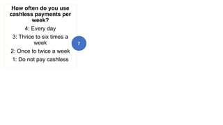 How often do you use
cashless payments per
week?
4: Every day
3: Thrice to six times a
week
2: Once to twice a week
1: Do not pay cashless
7
 