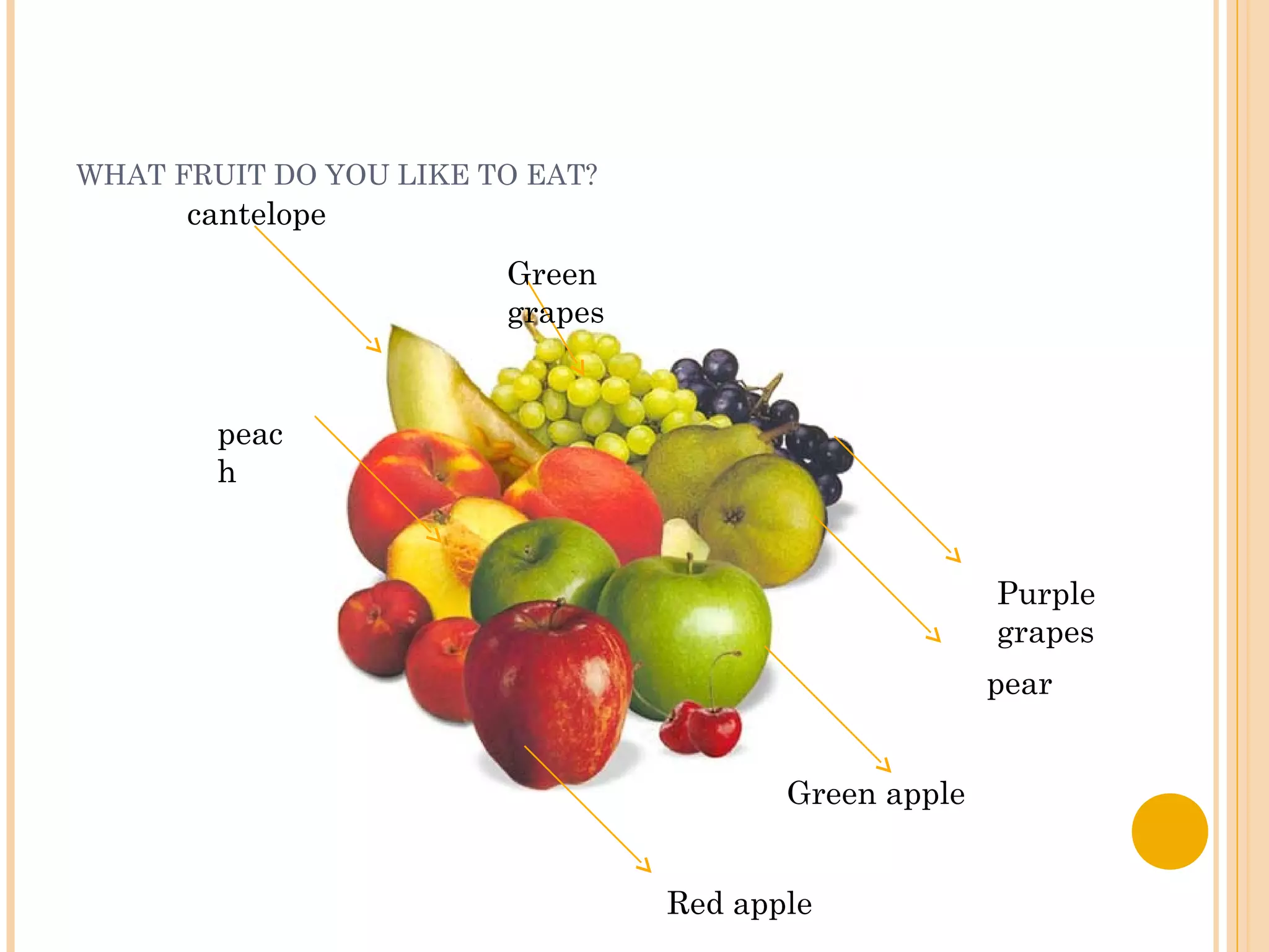 WHAT FRUIT DO YOU LIKE TO EAT?
Green apple
pear
Purple
grapes
Red apple
cantelope
peac
h
Green
grapes