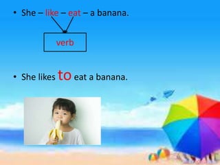 • She – like – eat – a banana.
• She likes toeat a banana.
verb
 