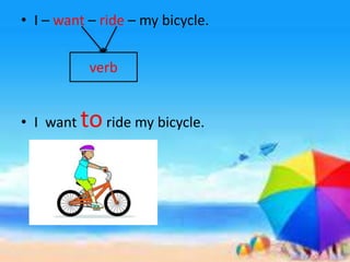 • I – want – ride – my bicycle.
• I want toride my bicycle.
verb
 