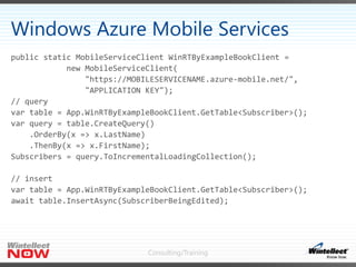 Windows Azure Mobile Services
public static MobileServiceClient WinRTByExampleBookClient =
new MobileServiceClient(
"https...