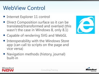 WebView Control
 Internet Explorer 11 control
 Direct Composition surface so it can be

translated/transformed and overl...