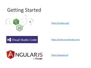 Getting Started
https://nodejs.org/
https://code.visualstudio.com/
https://angular.io/
 